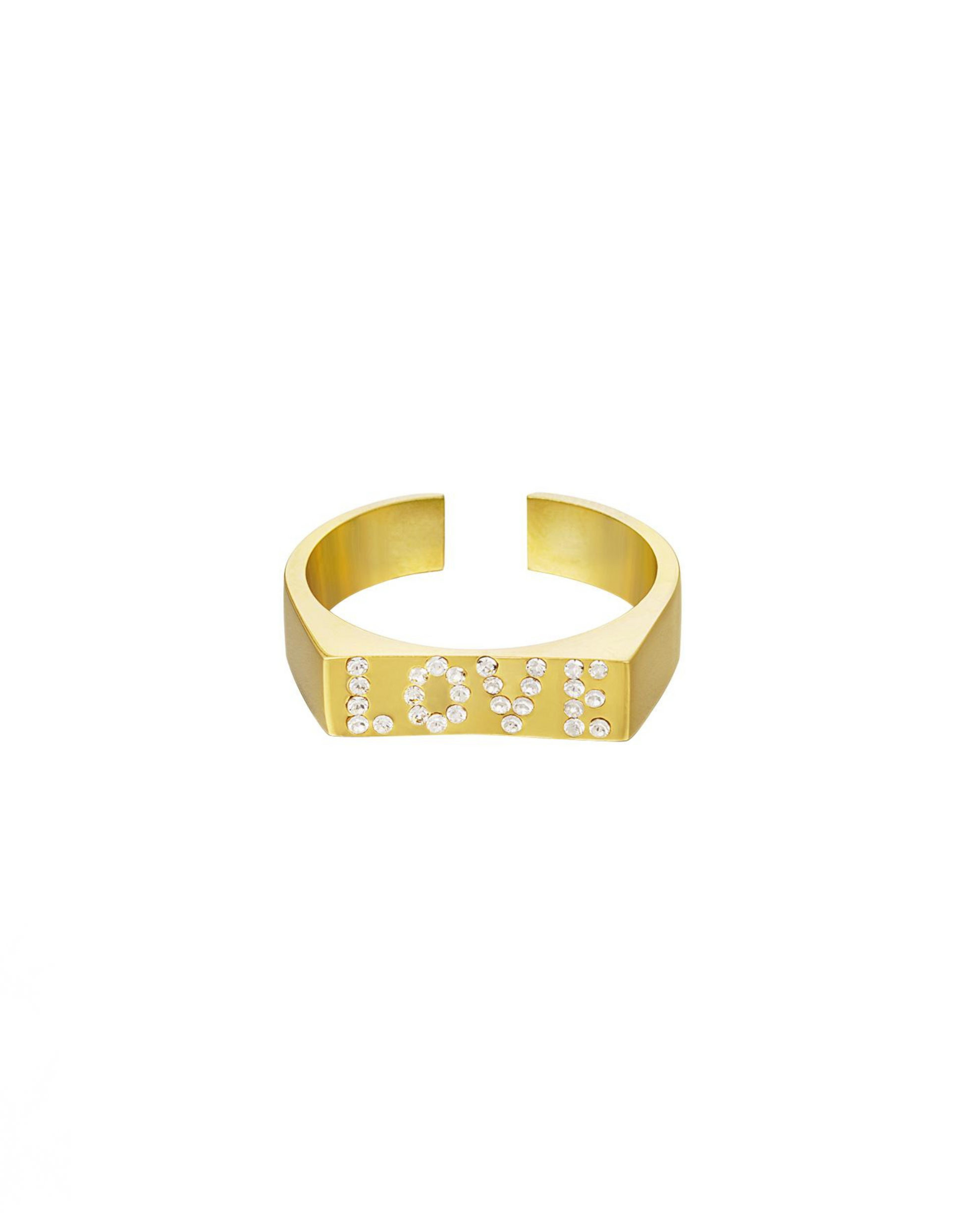 Smuk guld ring i elegant udtryk med rhin sten.  Alle vores ringe er justerbare og kan derfor passes af alle. Materiale: Rustfri stål, 14 karat guldbelægning, rhinsten. 100% nikkelfri Størrelse: Justerbar