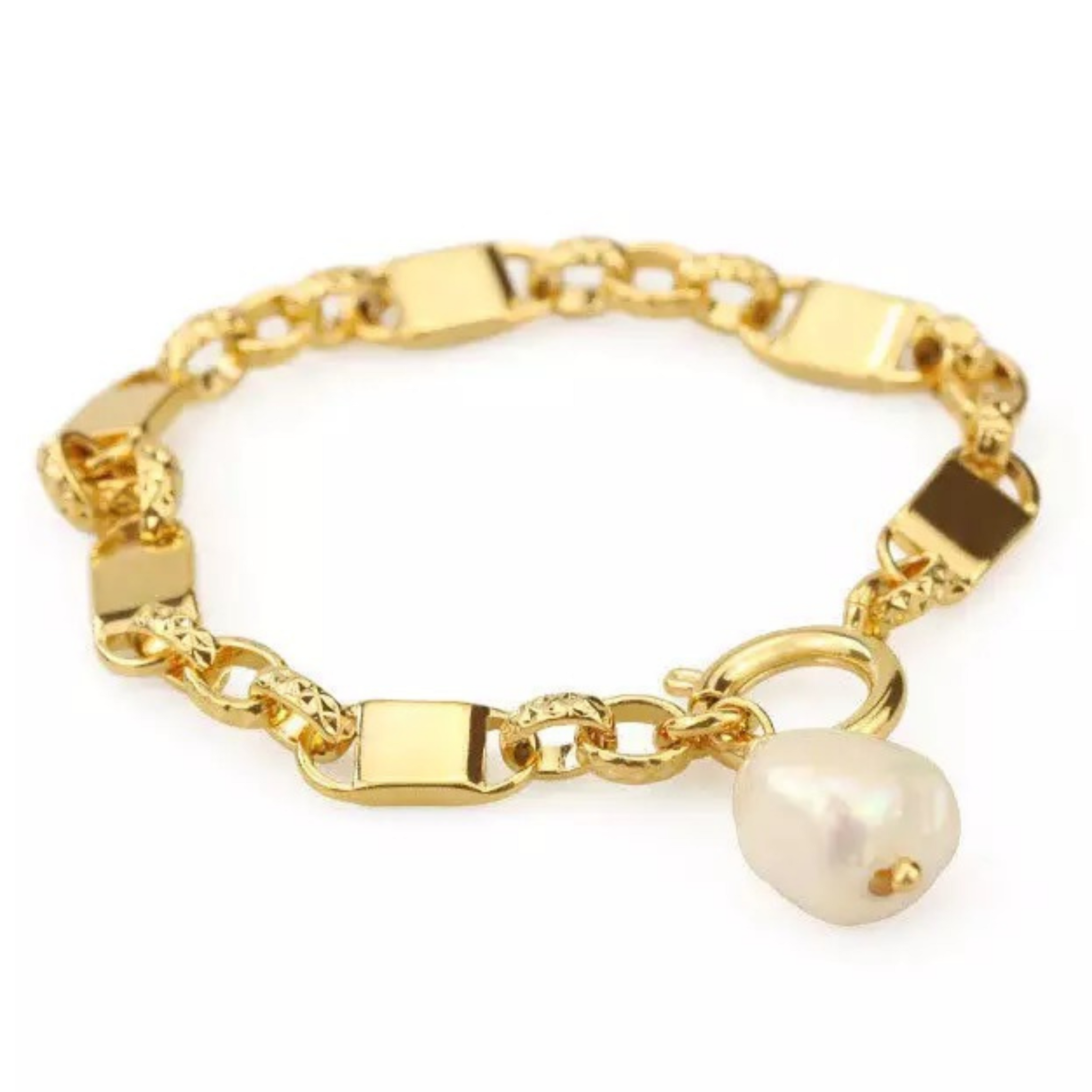 Anetta armbånd i klassisk og moderne stil.  Dette smukke armbånd, er til dig, som er vild med de lidt tungere smykker og at pifte dit look op med unikke smykker.   Materiale: Messing, 14 karat guldbelagt, ferskvandperle Størrelse: 16cm